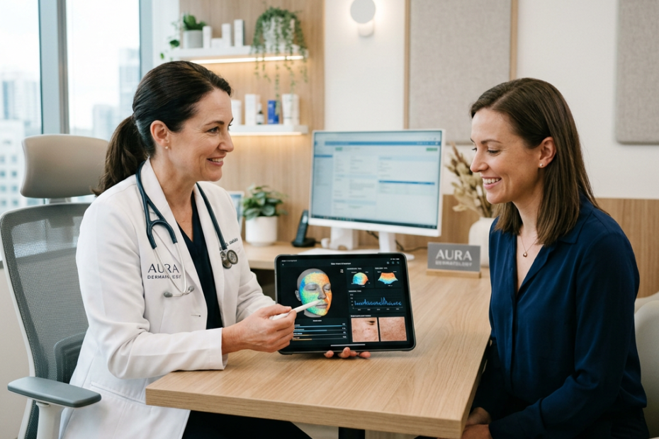 Dermatologist showing a tablet with skin analysis images to a smiling patient