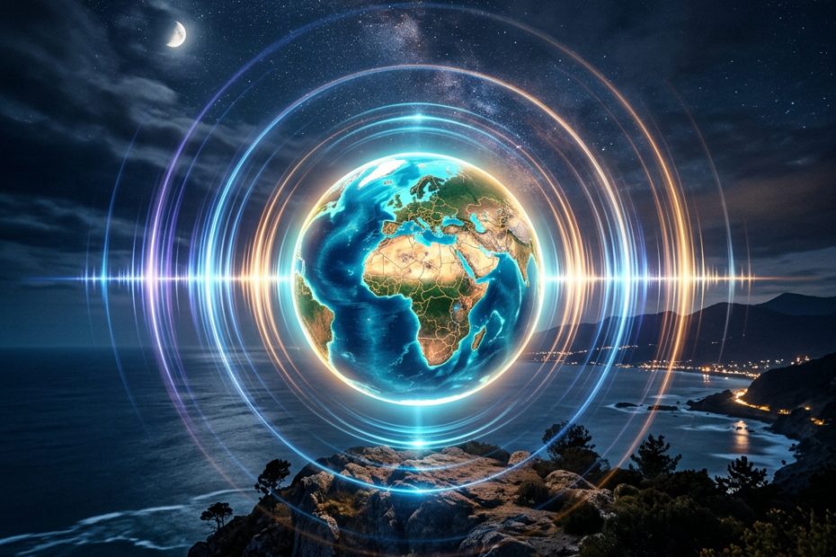 Earth glowing with digital signal waves over rocky coastline at night under starry sky and crescent moon